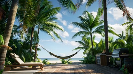 Fototapeta premium Outdoor barbecue where a hammock hanging between palm image