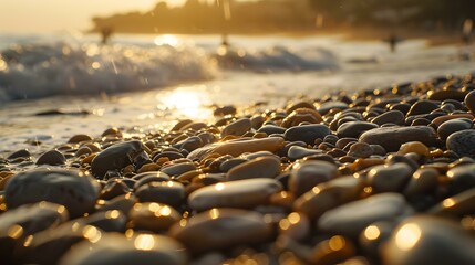 Obraz premium A beach strewn with smooth pebbles where surfers