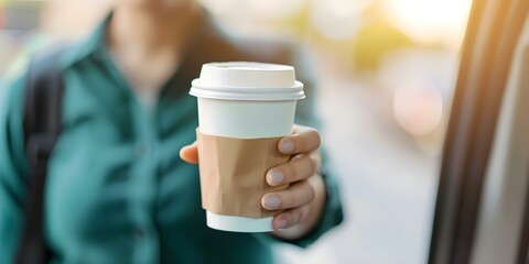 Driver is served coffee in the drive-thru at a fast food restaurant. Concept Fast Food, Drive-Thru, Coffee, Customer Service, Hospitality