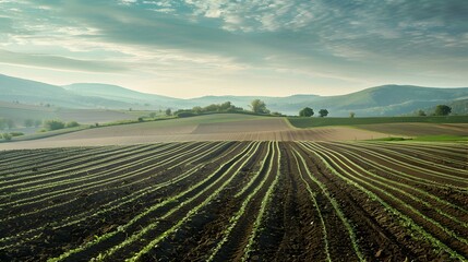 Fototapeta premium Furrows in a freshly irrigated green field image
