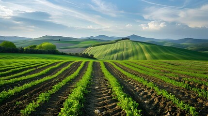 Naklejka premium Furrows in a freshly irrigated green field img