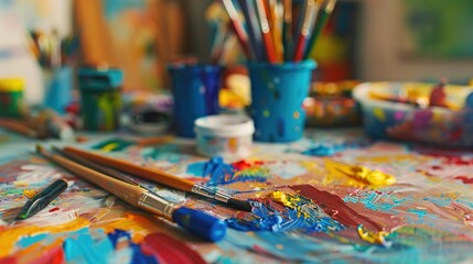 Fototapeta premium Creative Chaos: Various Kids' Art Supplies Scattered on Desk with Soft Focus Background for Text Space