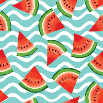 Watermelon pattern. Fruit juicy slice pieces seamless texture. Summer bright vector design