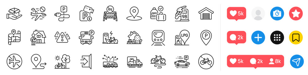 Petrol station, Journey and Warning line icons pack. Social media icons. Gas station, Carry-on baggage, Charging parking web icon. Bus parking, Electric bike, Bicycle prohibited pictogram. Vector