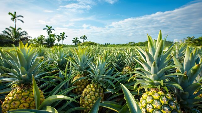 Pineapple fields and green bushes with large fruits img