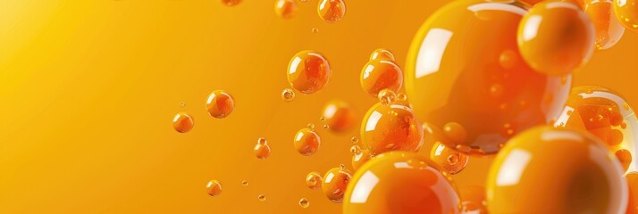 Abstract 3D background with flying orange balls, shiny balls are varnished, orange background, space for text