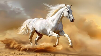 Majestic White Horse Galloping in the Arabian Desert