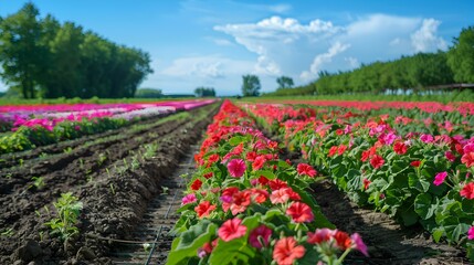 Fields of geraniums and bright red and pink picture