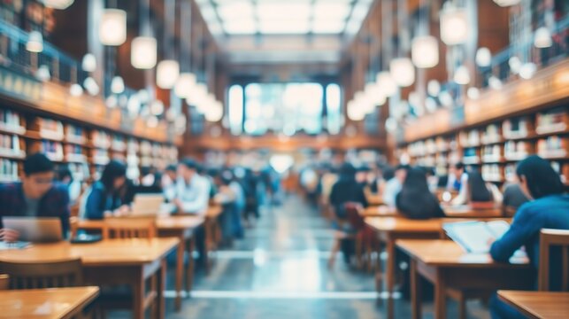  Abstract blur background of a busy academic library with students and professors conducting research 