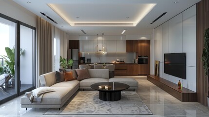 Apartment 3D rendering project, showcasing a detailed interior design layout and modern decor elements.