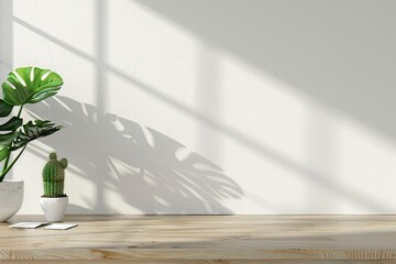 Bright sunlit empty wooden table with potted cactus and monstera plants casting shadows on white wall background