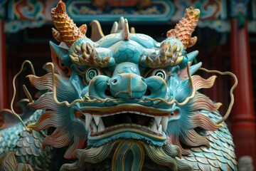 Fototapeta premium Traditional colorful chinese dragon statue with an open mouth, guarding the entrance of a temple