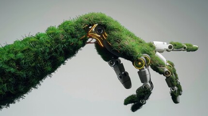 Fototapeta premium A conceptual design featuring a human arm covered in grass and a robotic hand, representing green technology.