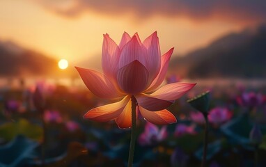 A crisp photo of a lotus flower opening at dawn, symbolizing renewal and peaceful beginnings, Renewal, Dawn lotus bloom