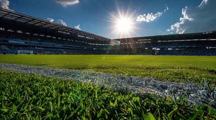 A soccer stadium bathed in afternoon sunlight, with the field ready for an exciting match.