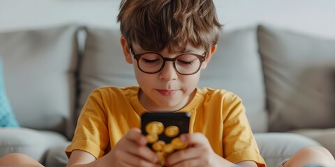 Young Boy's Fascination with Earning Digital Currency Online using Smartphone. Concept Internet Economy, Digital Currency, Smartphone Earning, Young Entrepreneurs, Financial Literacy