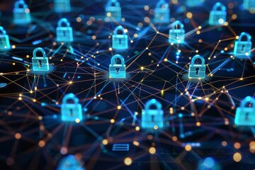 A visual representation of a secure network with interconnected nodes and locks, symbolizing protected data transfer