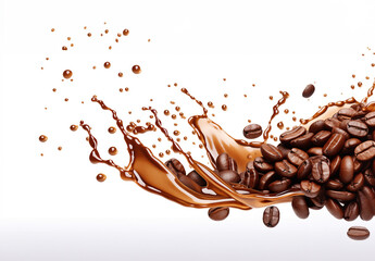 Coffee beans with coffee side splash on white background, Close up of coffee bean, GenerativeAI, coffee espresso splash