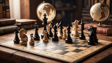 International chess day, a chessboard with various white and black chess pieces mid game, placed on an antique wooden table with background is slightly blurred