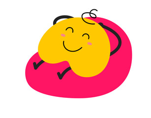 Vector cartoon illustration of cute shape happy character rest on chair on white color background. Flat style child doodle design of relax smile monster