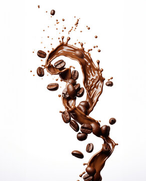 Coffee beans with chocolate splash up on white background, Close up of coffee bean, GenerativeAI