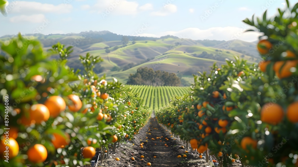 Poster fields of tangerines trees with bright orange fruits img