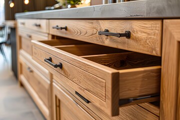 Modern Wooden Kitchen Cabinets with Open Drawers