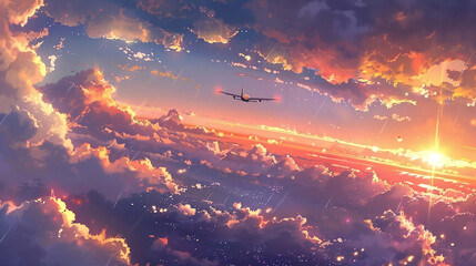 illustration in anime style: the plane flies in a dramatic sky with clouds. ai generated