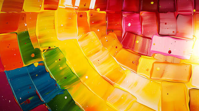abstract colorful circular mosaic background with dynamic paint strokes, with a focus on the texture and depth of the paint, showing vibrant rainbow variations from blue to green, red, and yellow