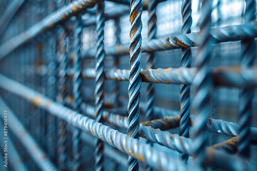 Poster close-up of twisted metal bars in a grid pattern