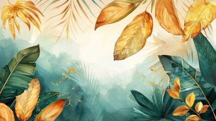 Watercolor painting of gold and green botanical leaves, creating a tropical and exotic composition with a touch of elegance and modern design.