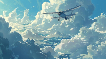 Naklejka premium illustration in anime style: the plane flies in a dramatic sky with clouds. ai generated