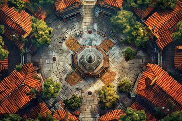 A street view of a town with red roofs and a stone walkway, generative ai image.