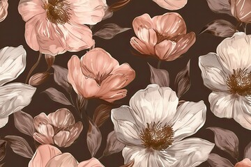 Elegant floral seamless pattern with painterly flowers and leaves on dark background