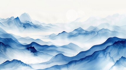 Fototapeta premium Ethereal watercolor waves and mountains in shades of indigo and light blue on a pristine white background.