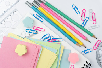 Back to school. School stationery on the table. Close-up. Flatlay. Top view.