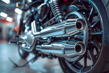 Fototapeta premium Close-Up of a Sleek Motorcycle Exhaust System in a Garage
