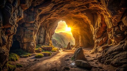 Mysterious dark cave entrance with eerie shadows and rugged walls leads to a distant warm golden light beckoning exploration.