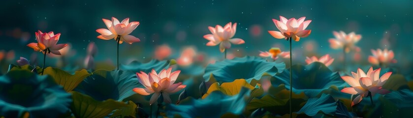 A detailed photo of a lotus flower garden with colorful blooms, representing happiness and natural beauty, Natural beauty, Lotus garden