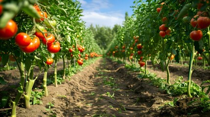 Fields of tomatoes and bushes with red fruits image