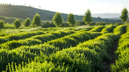 Fototapeta premium Fields of thyme green bushes with small flowers image