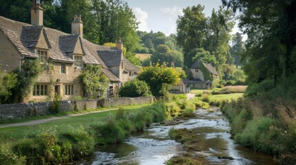 A picturesque countryside village, charming cottages and a peaceful stream