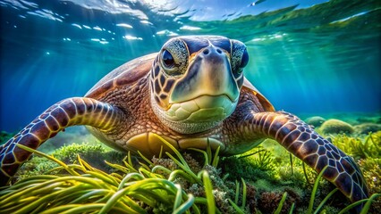 Obraz premium A majestic sea turtle munches on lush green seaweed, its ancient eyes gazing calmly, set against a crystal clear transparent backdrop.