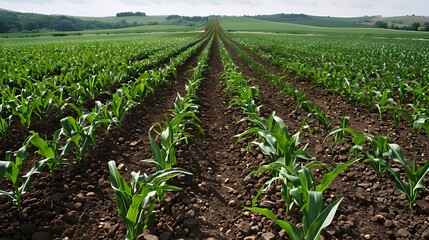 Corn crops planted evenly in rows create neat img