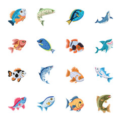 WebPack of Aquatic Animals Flat Icons 

