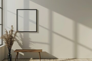 Minimalist interior with blank frame bench and dried plants