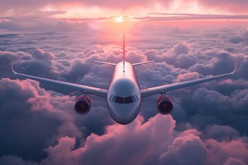 Fototapeta premium Airplane Soaring Above the Clouds at Sunset