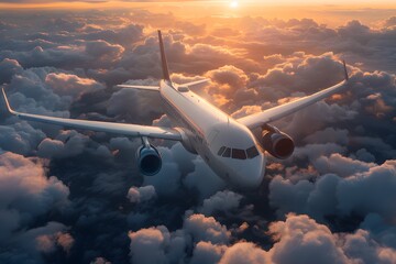 Airplane Soaring Above the Clouds at Sunset