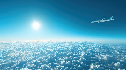 Naklejka premium Airplane flying above clouds against a clear blue sky, symbolizing international travel and business mobility