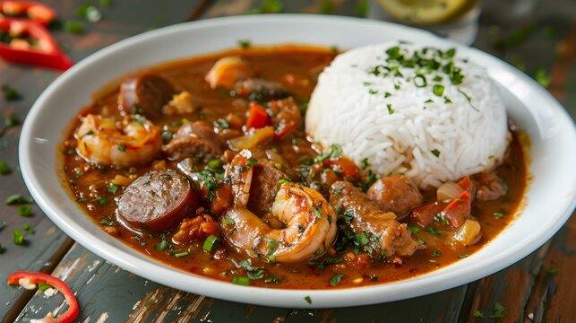 The gumbo is thick and flavorful with pieces